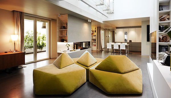 Modern yellow modular seating in a home.