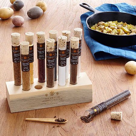 Gourmet salt collection in glass tubes.