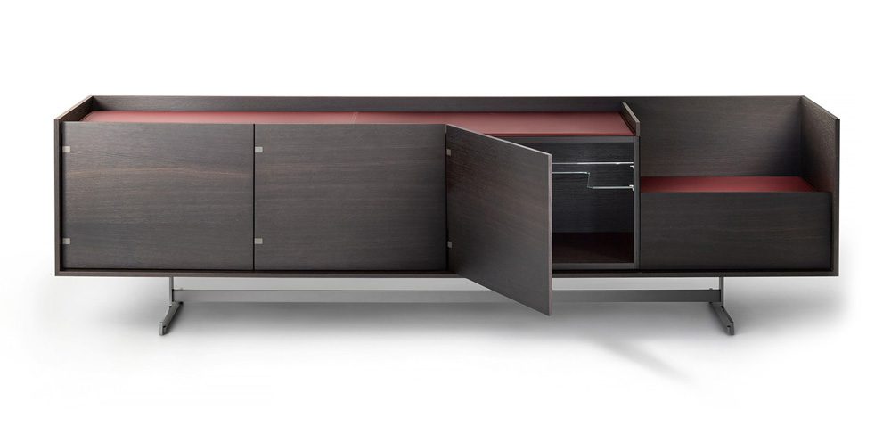Dark wood sideboard with silver legs and red interior.