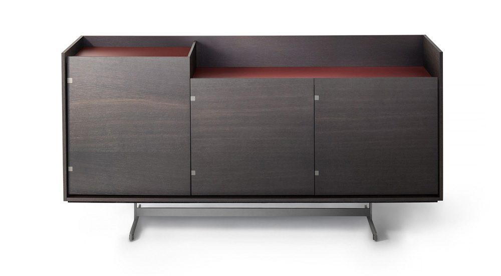 Dark wood sideboard with metal legs.