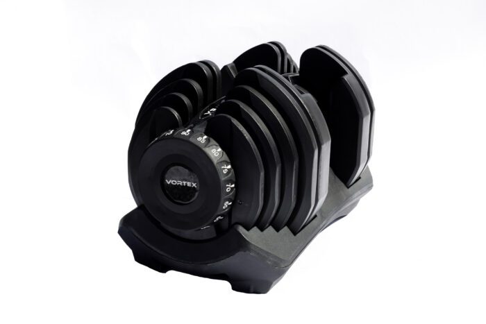 Black adjustable weight dumbbell set.