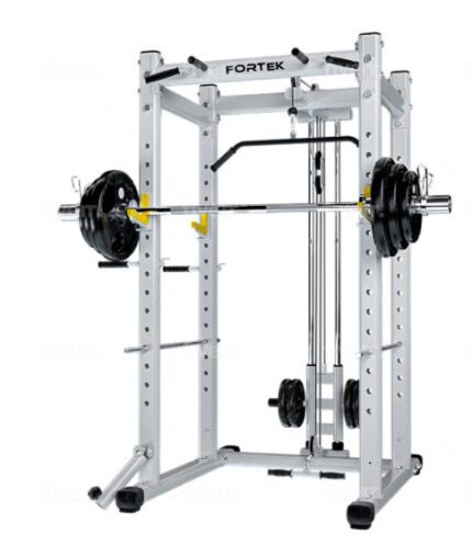 Silver squat rack with lat pulldown machine.