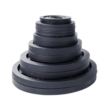 Stack of black weight plates for gym.