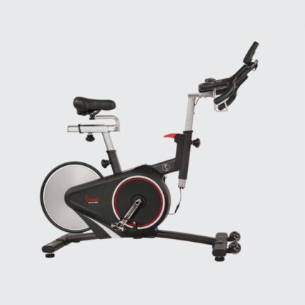 Black and red spin bike with wheels.