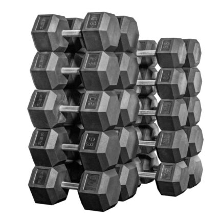 Stack of black hexagonal dumbbells.