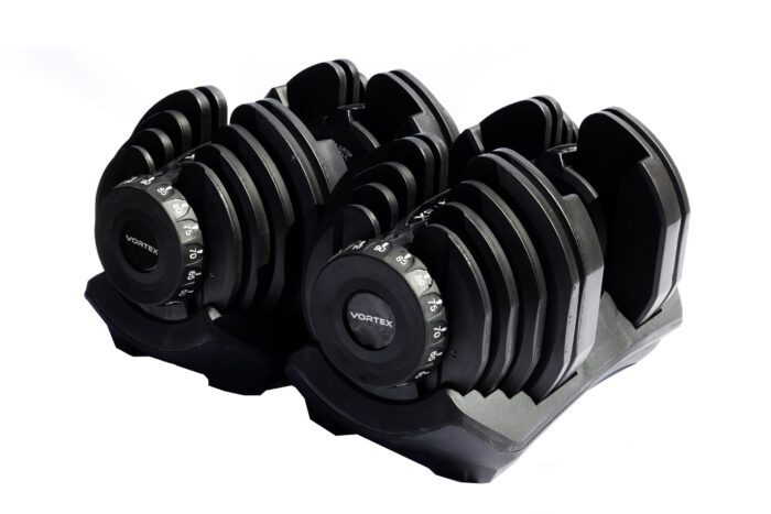 Black adjustable Vortex dumbbells on white background.