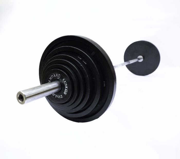 Black barbell with weight plates.