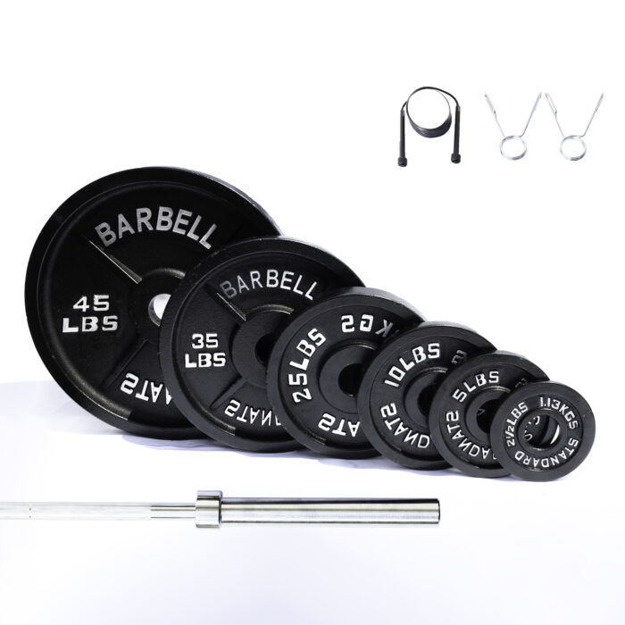 Weightlifting set with barbell and plates.