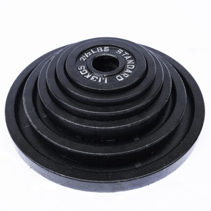 Black weight plates for gym equipment.