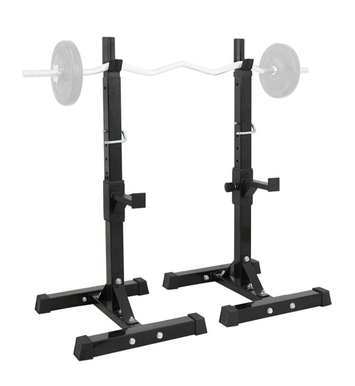 Black squat rack with barbell and weights.