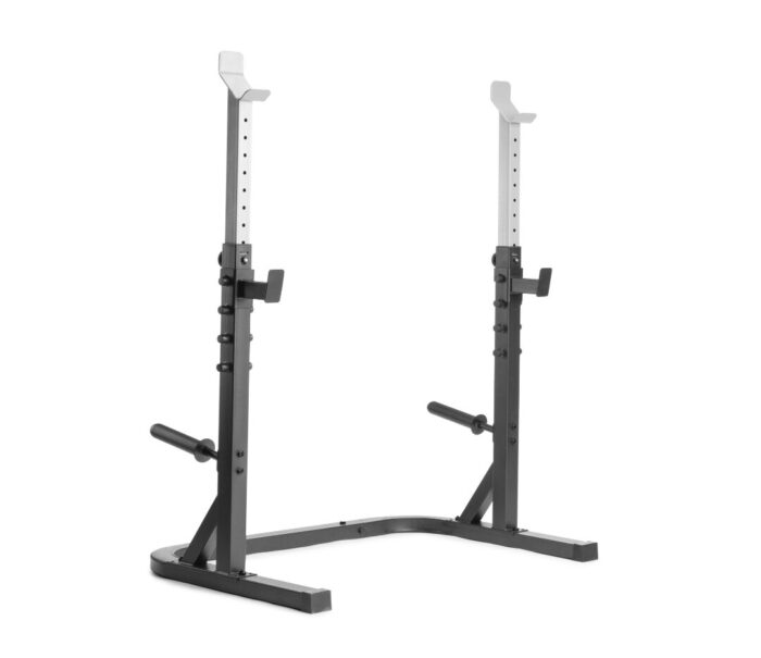 Black weightlifting power rack with safety bars.