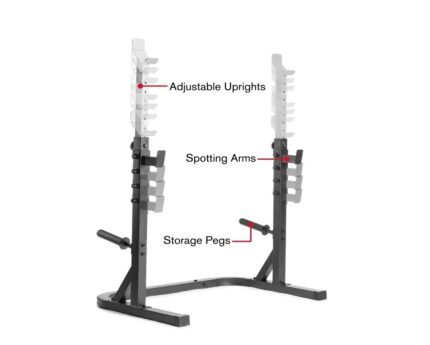 Black adjustable weightlifting rack with spotter arms.