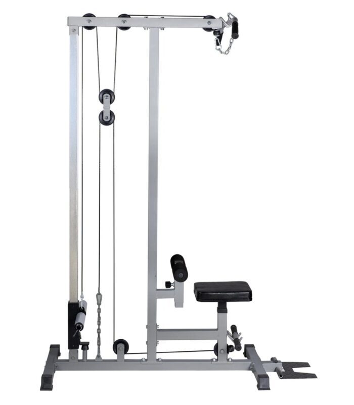 Silver lat pulldown machine with seat.