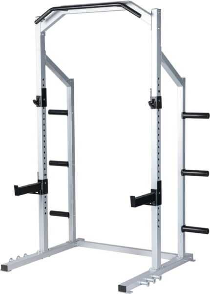 Silver weightlifting power rack with safety bars.