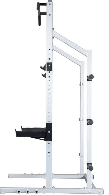 Silver and black power rack with safety bars.