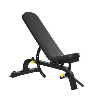 Black adjustable weight bench for fitness.