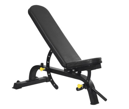 Black adjustable weight bench for exercise.