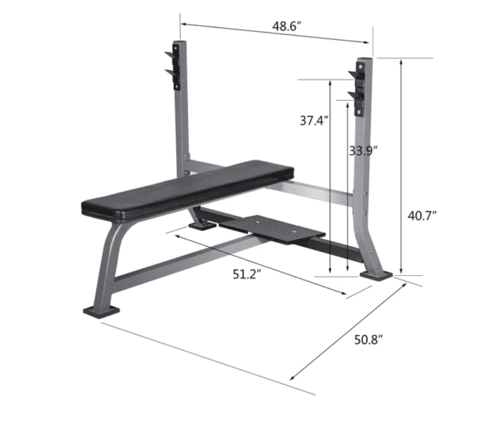 Black weight bench with dimensions.