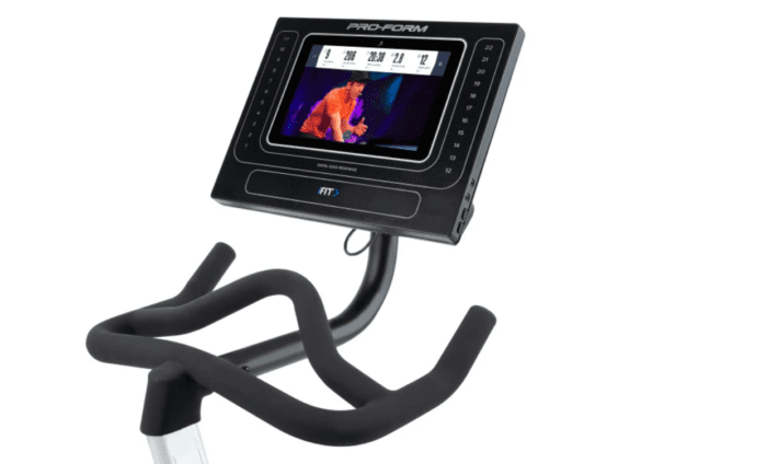 Black exercise bike with a screen.