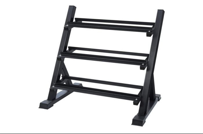 Black three-tier dumbbell rack.