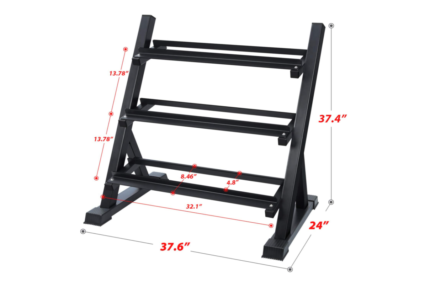 Black 3-tier dumbbell rack with measurements.