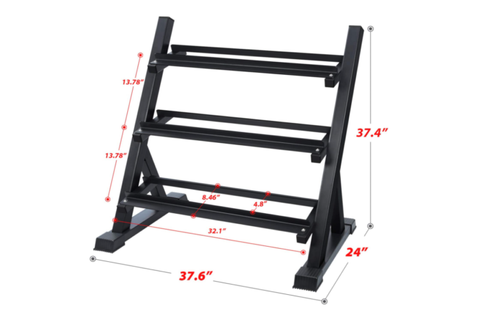 Black 3-tier dumbbell rack with measurements.