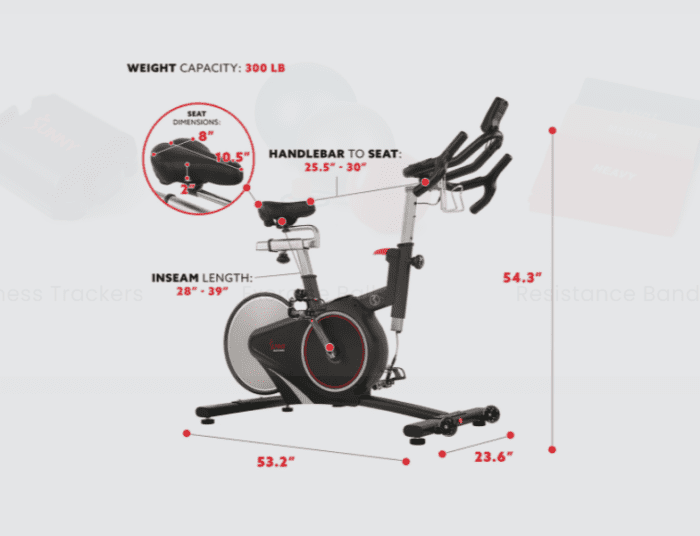 Black indoor cycling bike with dimensions.