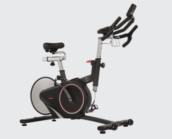 Black and red spin bike for exercise.