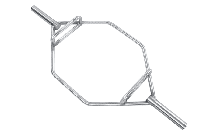 Silver hex barbell for weightlifting.