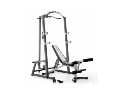 A black and silver weight bench and rack.