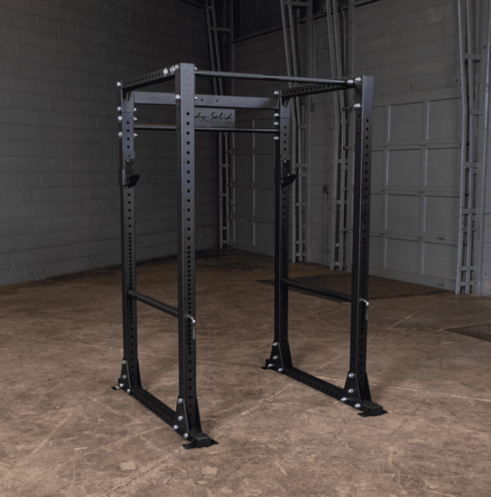 Black steel power rack for weightlifting.