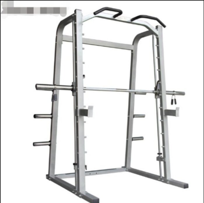 A silver weightlifting power rack.