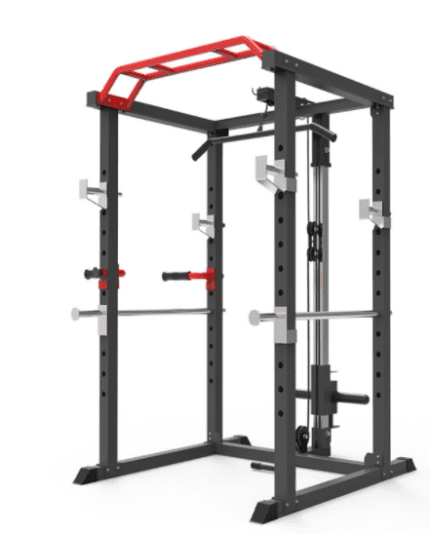 Black and red power cage for weightlifting.