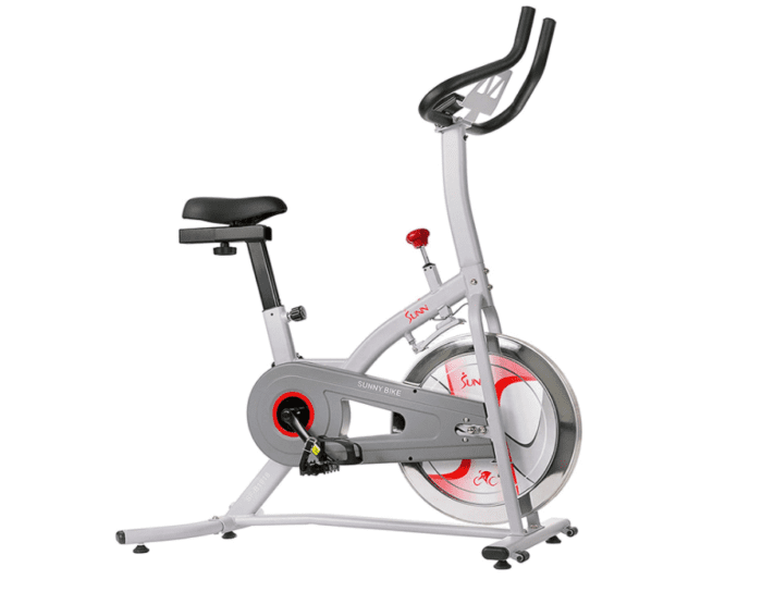 Grey and red indoor stationary bike.