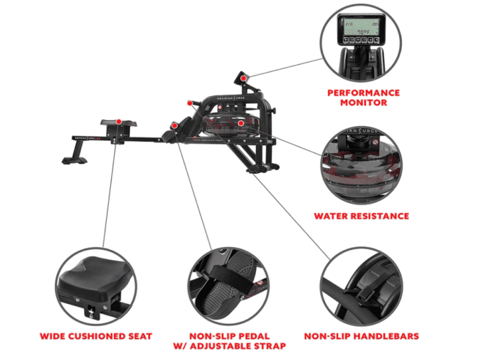 Black water rower with adjustable seat and handlebars.