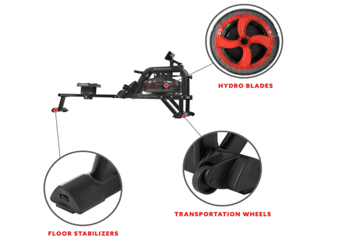 Black water rowing machine with red blades.