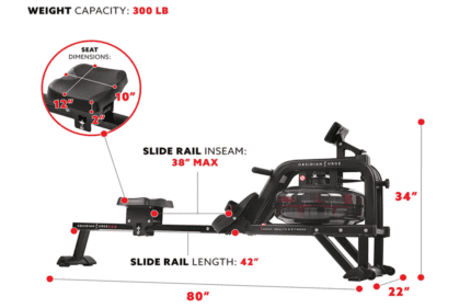 Black rowing machine with dimensions.