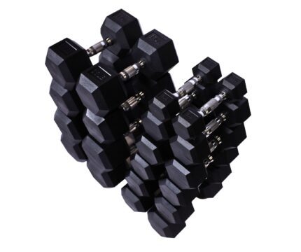 Stack of black dumbbells for weight training.