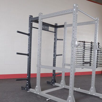 Squat rack with safety bars and j-cups.