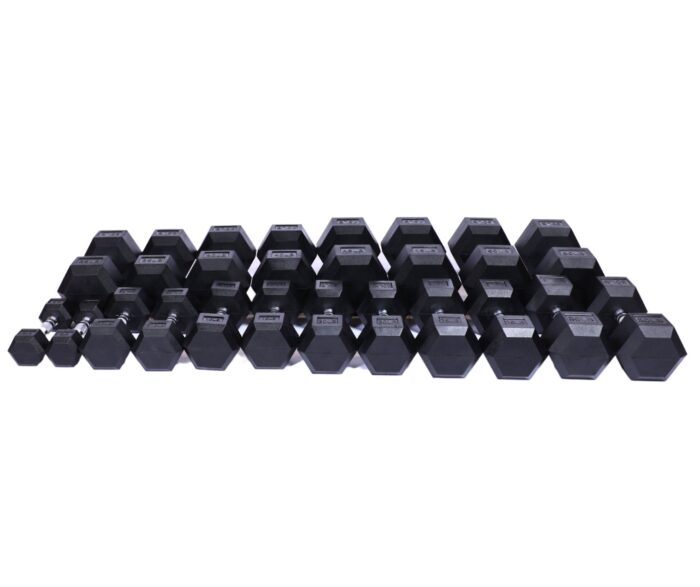 Black hexagonal dumbbells on white background.