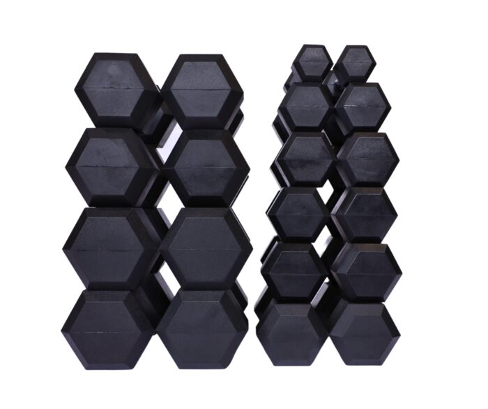 Black hexagonal weights stacked in rows.