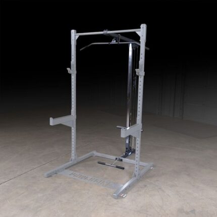 Gray power rack with lat pulldown attachment.