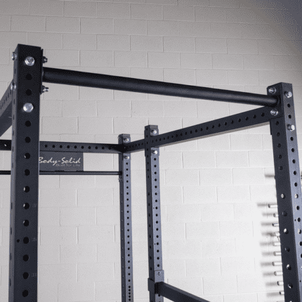 Black pull-up bar on a squat rack.