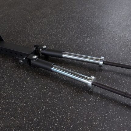 Two black metal bars on a gym floor.