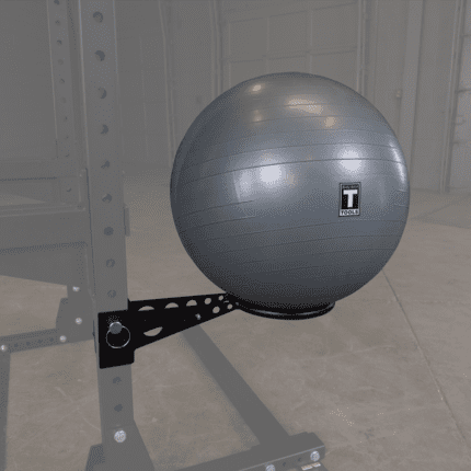 Gray exercise ball on a black rack.