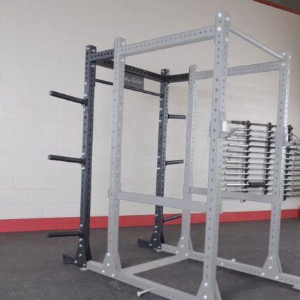 Gray and black power rack with j-cups.