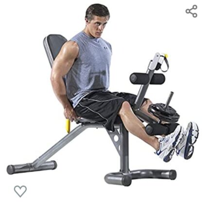 Man using weight bench for leg workout.