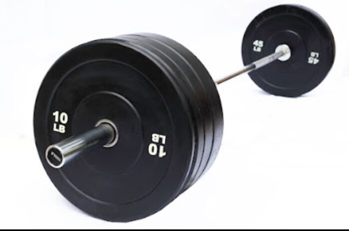 Black barbell with weight plates.