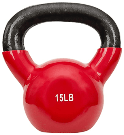 Red 15 lb kettlebell for exercise.