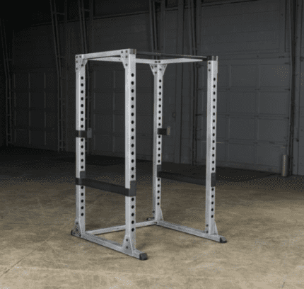 Silver metal weightlifting power rack.